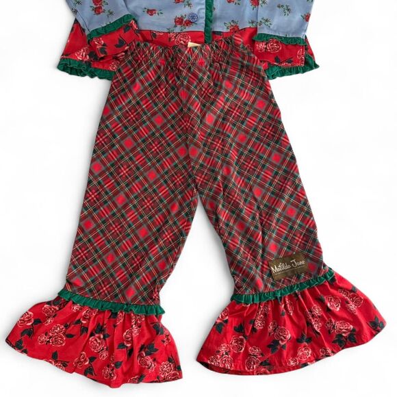Matilda Jane Long Winter's Nap girls' red plaid ruffle pajama set, size 4t - Picture 2 of 6